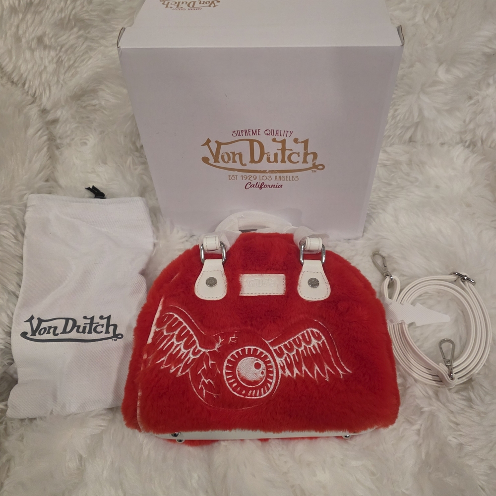 Von Dutch Red Furry Bag with White Accents